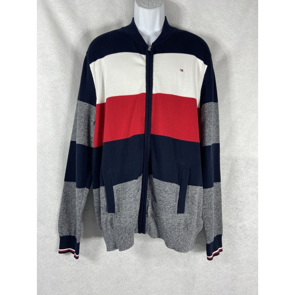 Tommy Hilfiger Baseball Sweater Men's XL Blue White Full Zip Colorblock Preppy